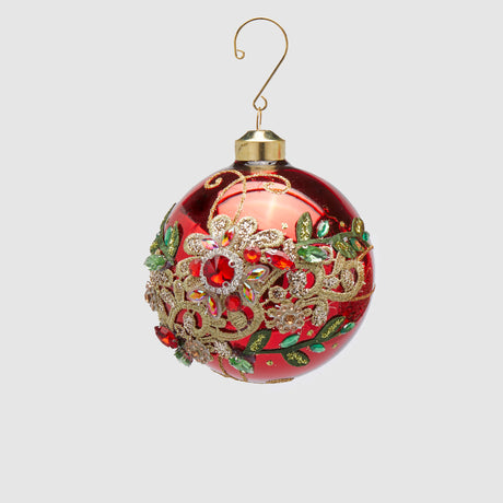 Pallina albero Natale EDG in vetro rosso con fiori dorati 10 cm