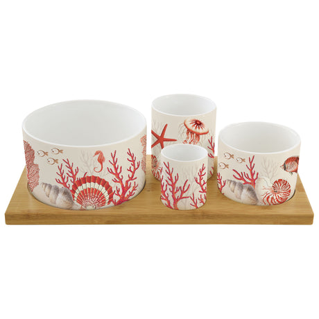 Antipastiera Coral Reef Easy Life in porcellana e vassoio in bamboo 29x13 cm