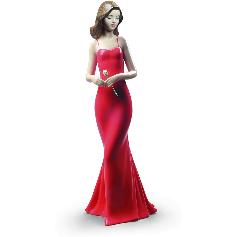 Statuina donna con rosa NAO in porcellana con abito rosso 29 cm
