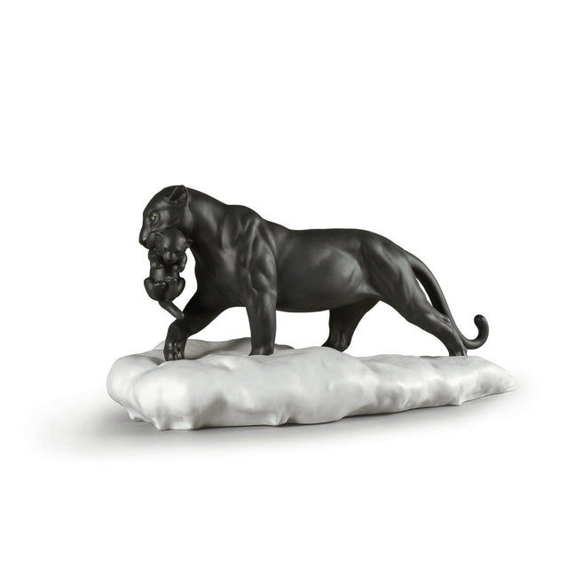 Scultura Pantera Nera con Cucciolo Lladrò in porcellana opaca 25x48 cm