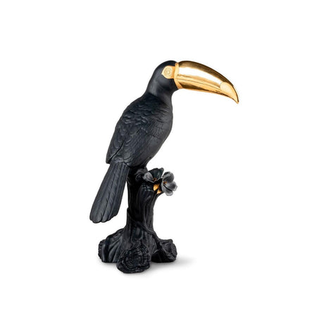 Scultura Tucano Lladrò in porcellana nera e oro 38x19 cm
