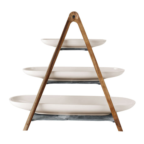 Alzata a tre piani Villeroy & Boch in porcellana bianca e legno naturale