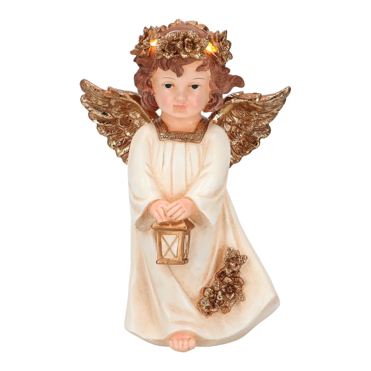 Angelo con lanterna Timstor decorazione natalizia LED bianco e oro 25,5 cm