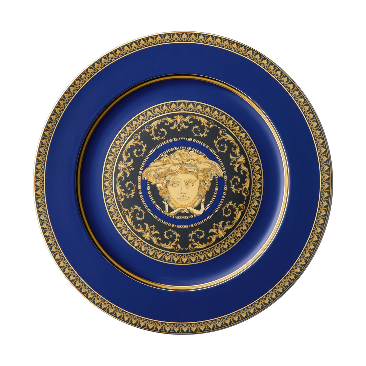 Piatto segnaposto Versace Medusa Blau in porcellana blu e oro 30 cm