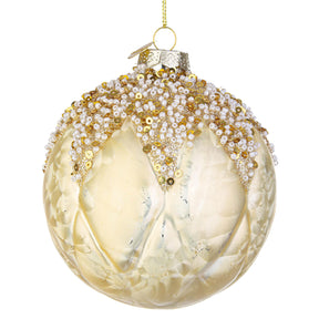 Pallina di Natale Bizzotto in vetro champagne con perline e paillettes 10 cm