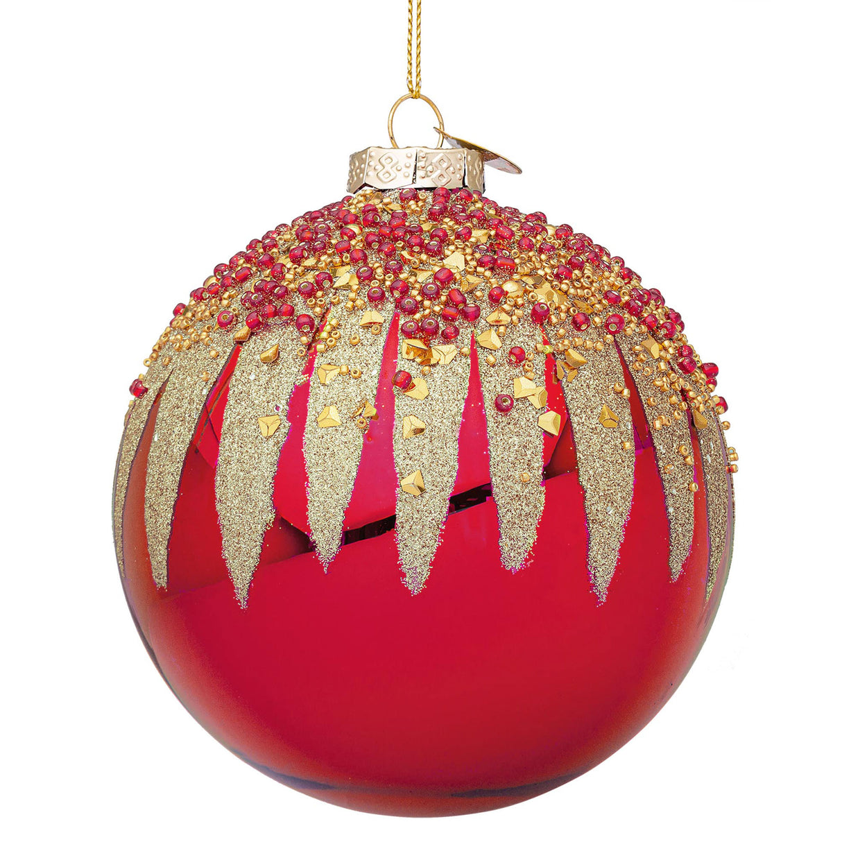 Sfera di Natale Firework Bizzotto in vetro rosso con glitter oro 10 cm