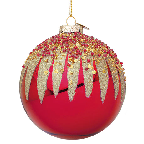 Sfera di Natale Firework Bizzotto in vetro rosso con glitter oro 10 cm