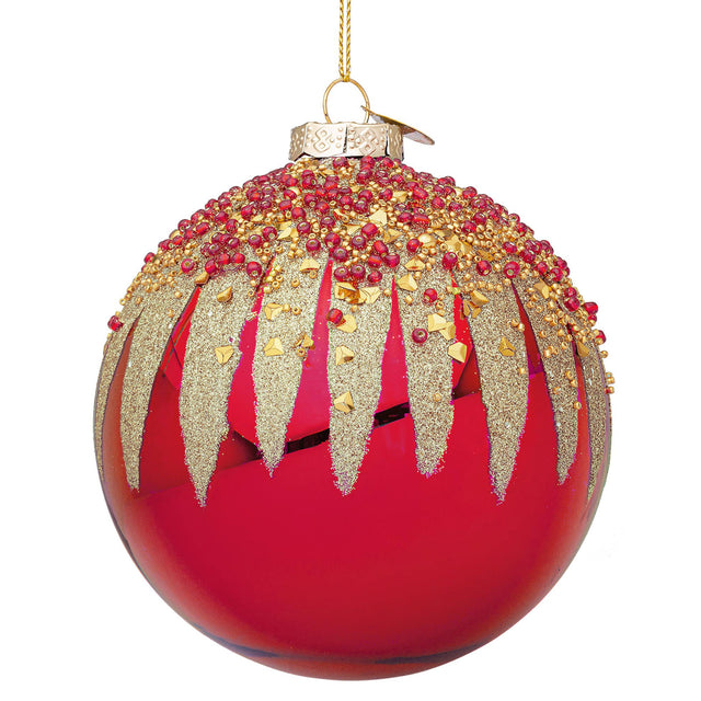 Sfera di Natale Firework Bizzotto in vetro rosso con glitter oro 10 cm