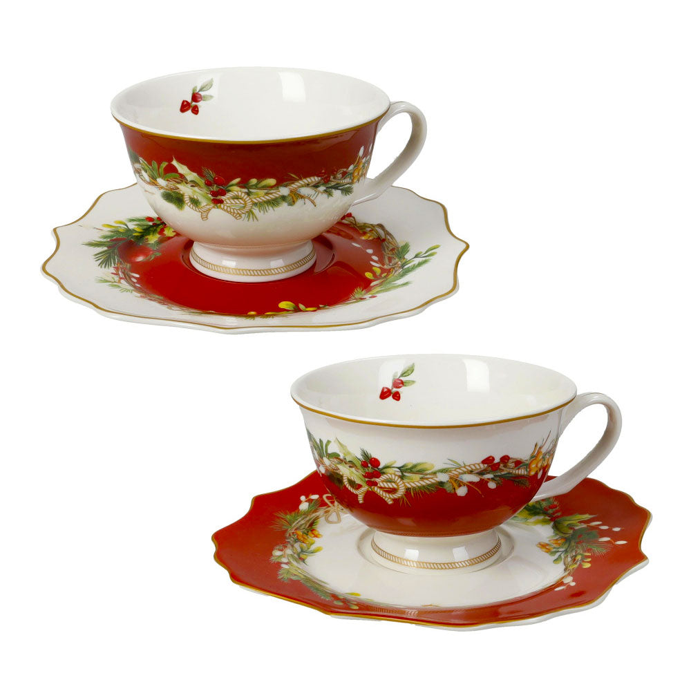 Set 2 tazze tè Carol Brandani in porcellana rossa con decoro agrifoglio
