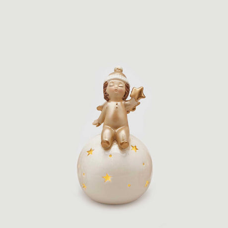 Angelo su sfera con LED EDG in ceramica traforata 16 cm