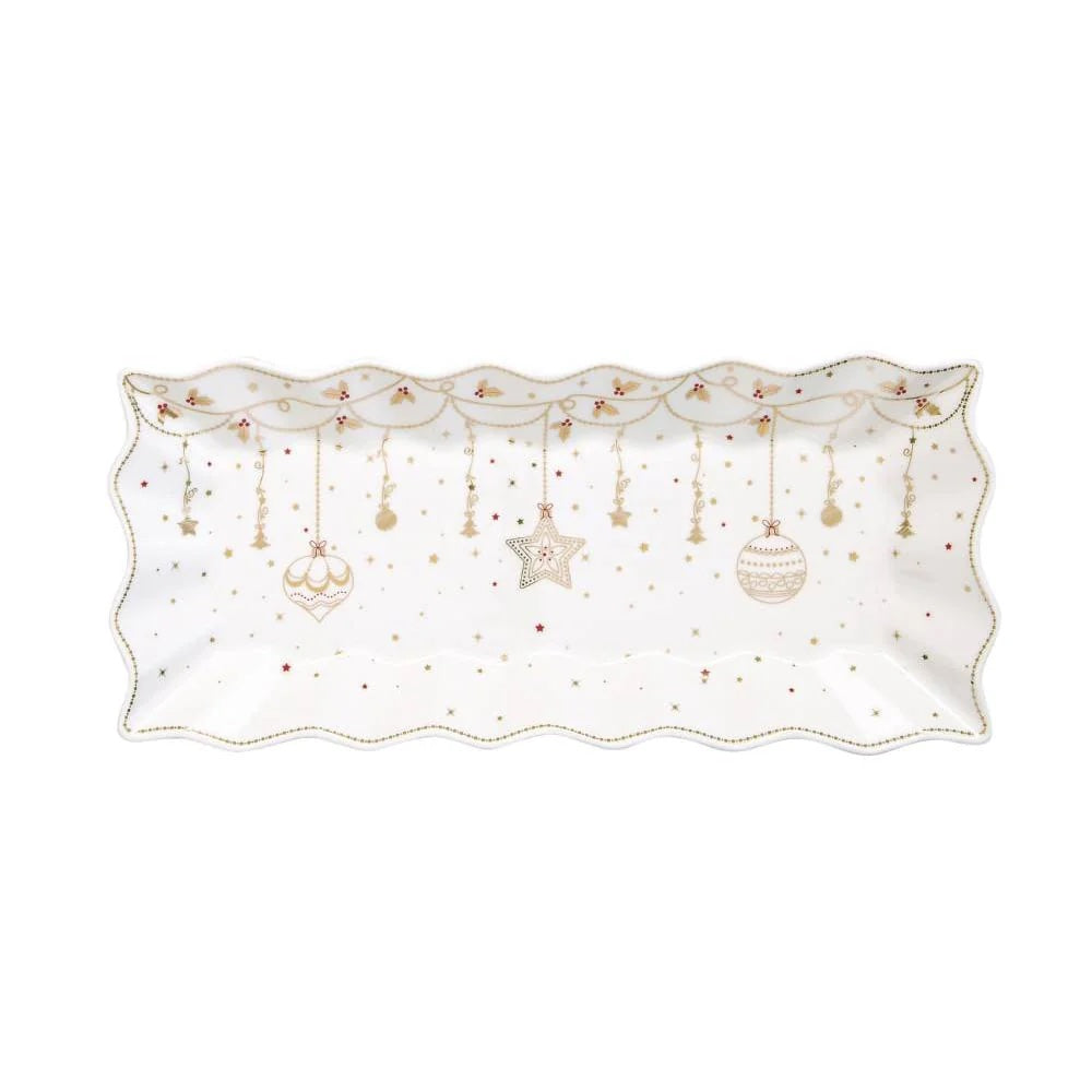Vassoio rettangolare Easy Life in porcellana con decori natalizi oro 40x18 cm