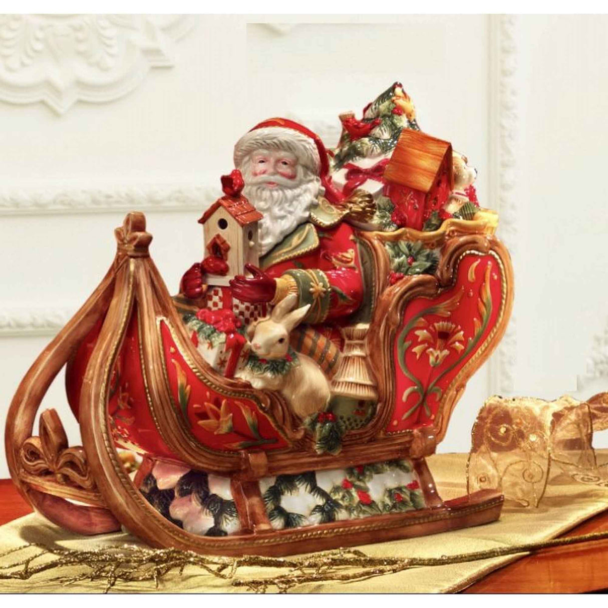 Scatola Babbo Natale su slitta Fitz and Floyd in porcellana 34x36 cm