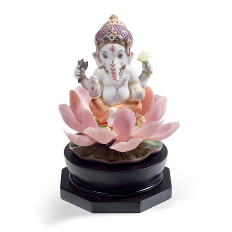 Statuetta Ganesha con Loto Lladrò in porcellana finemente decorata 19x13 cm