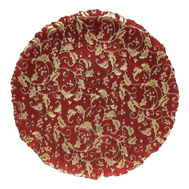 Piatto natalizio Easy Life in vetro rosso con decoro oro 33 cm