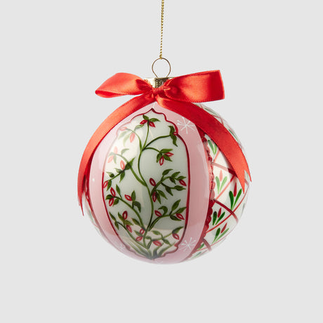 Sfera Natale EDG in vetro bianco con decoro agrifoglio e fiocco rosso 10 cm