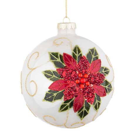 Sfera Natale Bizzotto in vetro bianco con decoro poinsettia 10 cm