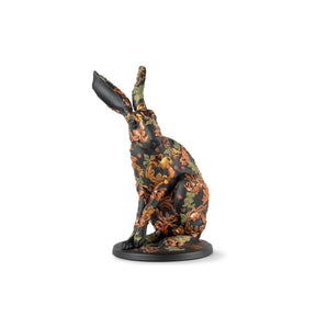 Scultura lepre Lladrò in porcellana nera opaca con decori 32x19 cm