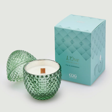 Candela uovo EDG in vetro verde 12x8 cm profumata fico e gardenia