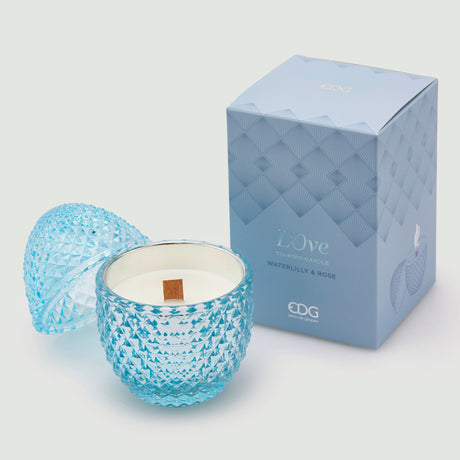 Candela profumata Uovo EDG in vetro azzurro 12x8 cm