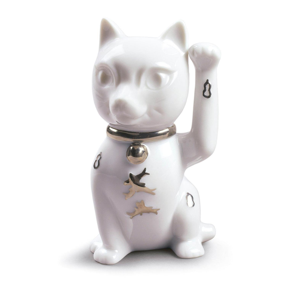 Statuina Maneki Neko Lladrò in porcellana bianca con riflessi argento 11x6 cm