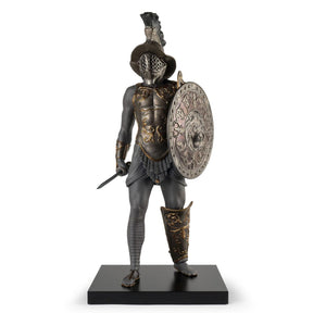 Scultura Gladiatore Lladrò in porcellana nera con dettagli ramati 73x34 cm