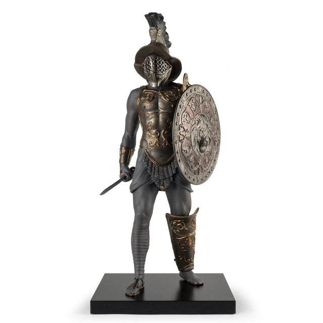 Scultura Gladiatore Lladrò in porcellana nera con dettagli ramati 73x34 cm