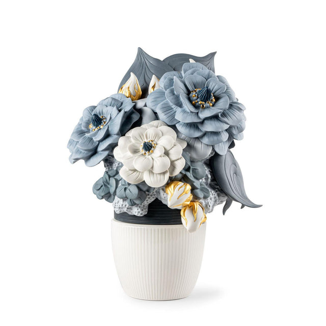 Vaso con fiori blu Lladrò in porcellana artigianale 44x33 cm