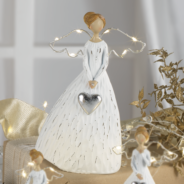 Angelo di Natale Mascagni Casa in resina con luci LED 20,5 cm