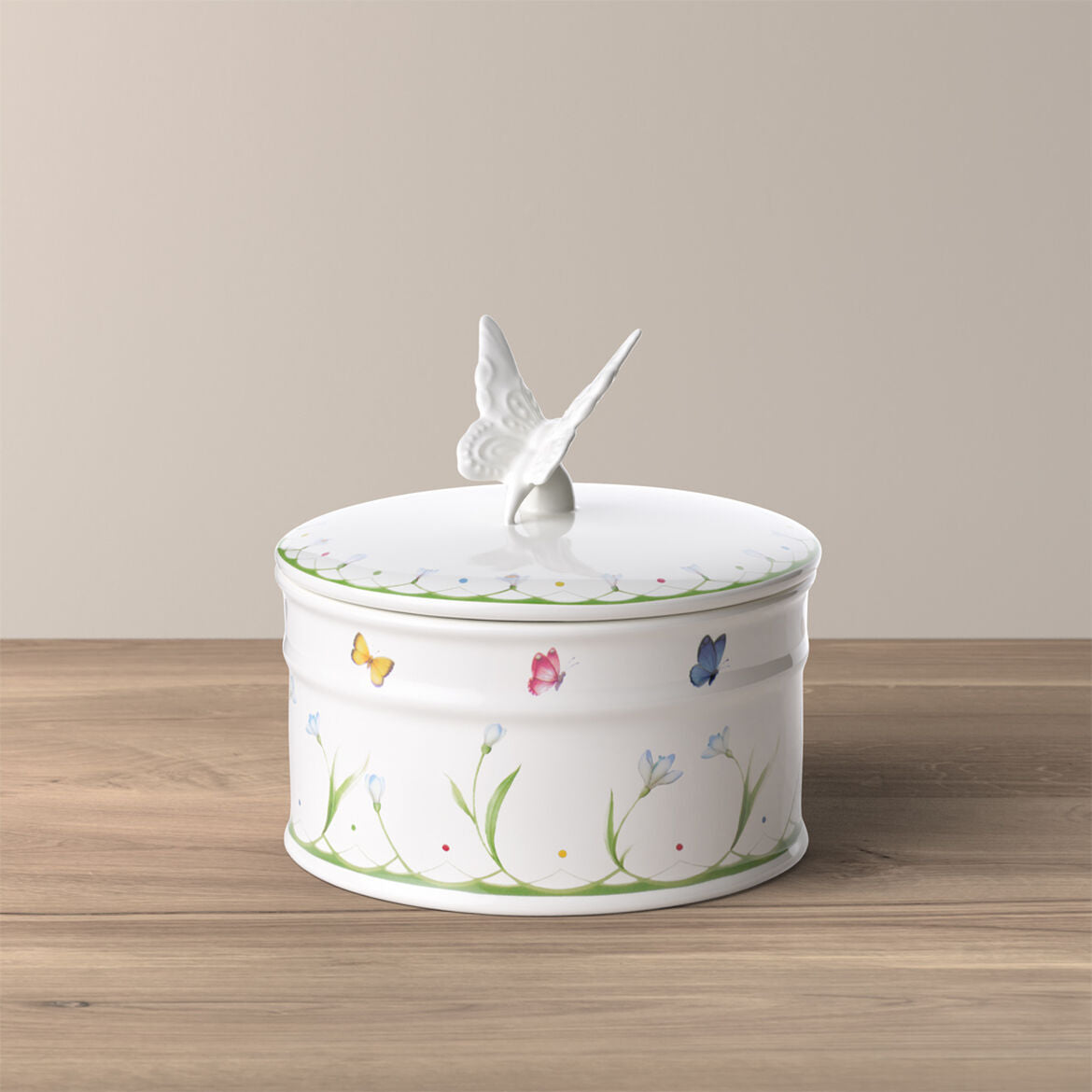 Barattolo Colourful Spring Villeroy & Boch in porcellana con farfalla 18 cm