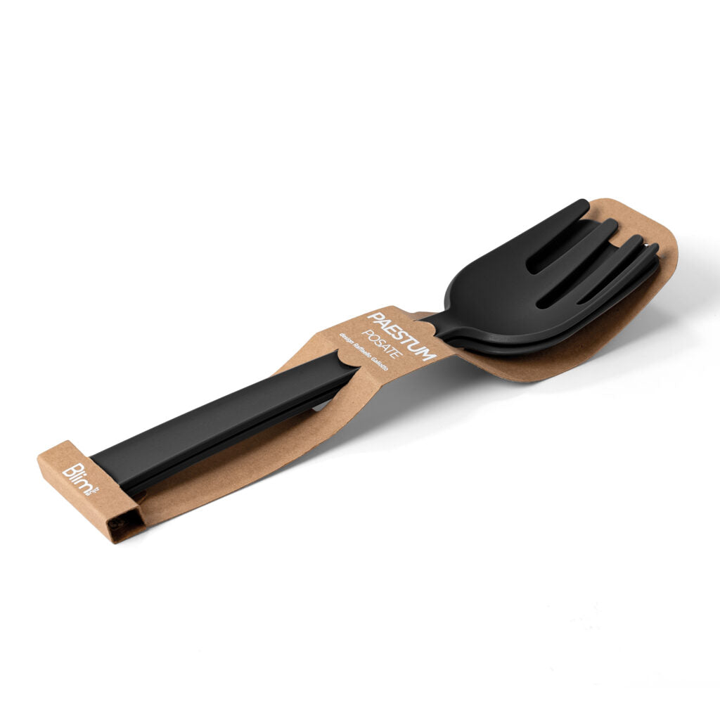 BLIM PLUS Posate per Insalata Paestum 29cm Carbon Black Nero Made in Italy 100% Riciclabile