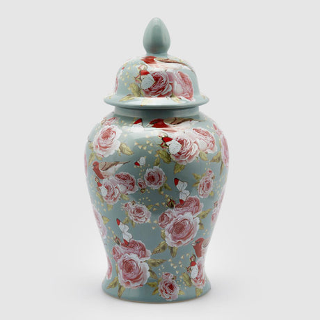 Potiche con coperchio EDG in ceramica azzurra decoro rose 46x24 cm