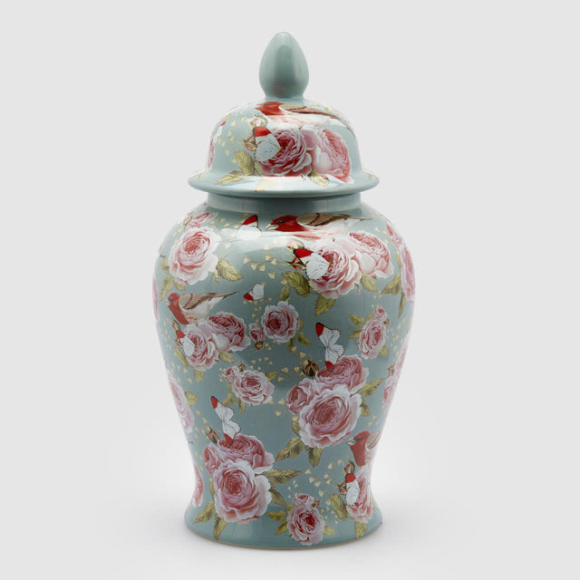 Potiche con coperchio EDG in ceramica azzurra decoro rose 46x24 cm