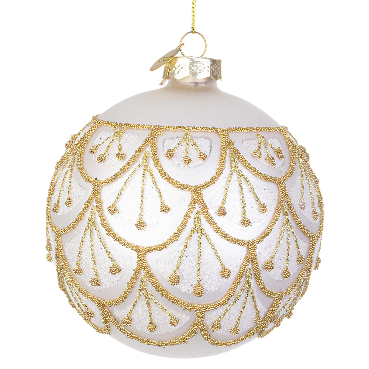 Pallina di Natale Bizzotto in vetro bianco con decori in perline oro 10 cm
