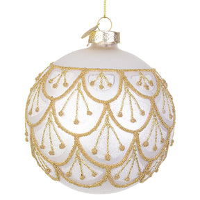 Pallina di Natale Bizzotto in vetro bianco con decori in perline oro 10 cm