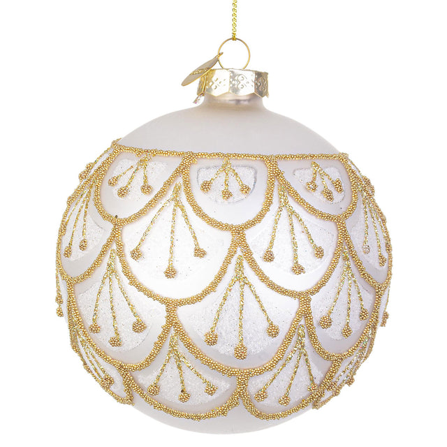 Pallina di Natale Bizzotto in vetro bianco con decori in perline oro 10 cm