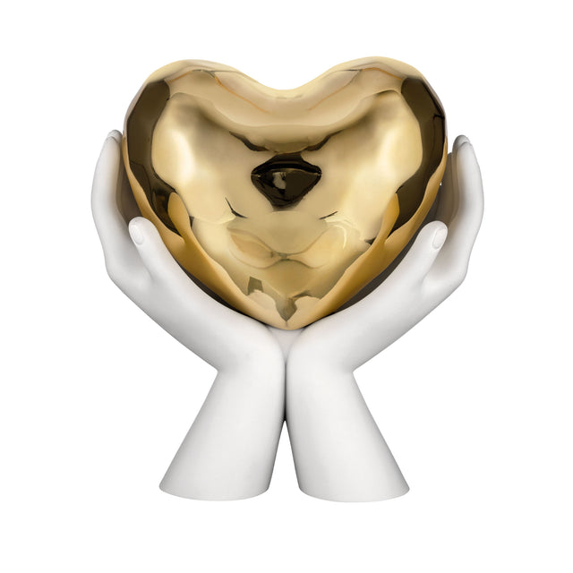 Scultura Mani con Cuore Bongelli Preziosi in marmorino bianco e oro 13x12 cm