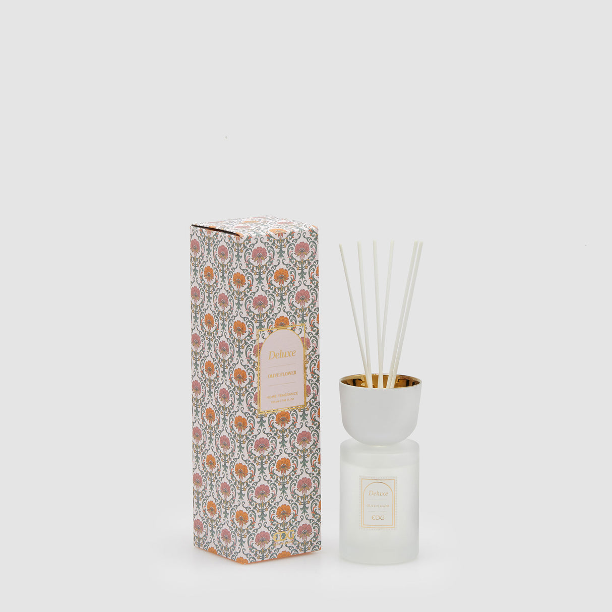 Diffusore a bastoncini EDG in vetro con top bianco e dettagli oro 220 ml