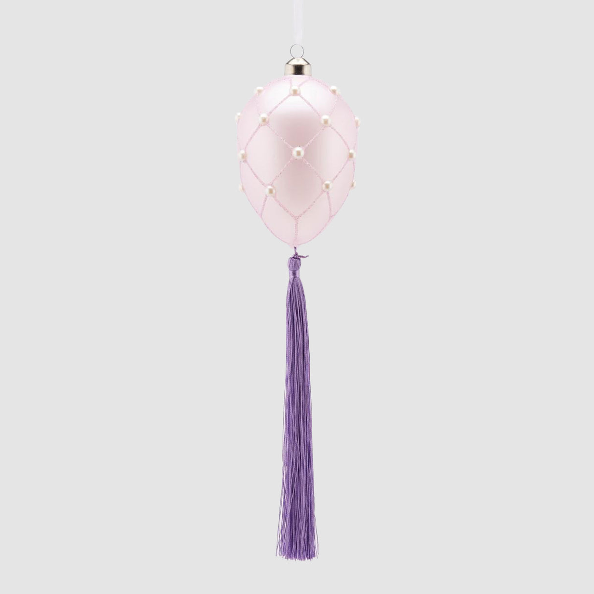 Uovo decorativo EDG in vetro lilla con perle e nappa 11x8 cm