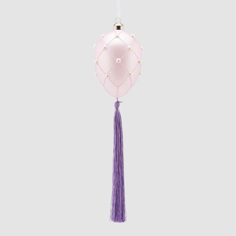 Uovo decorativo EDG in vetro lilla con perle e nappa 11x8 cm