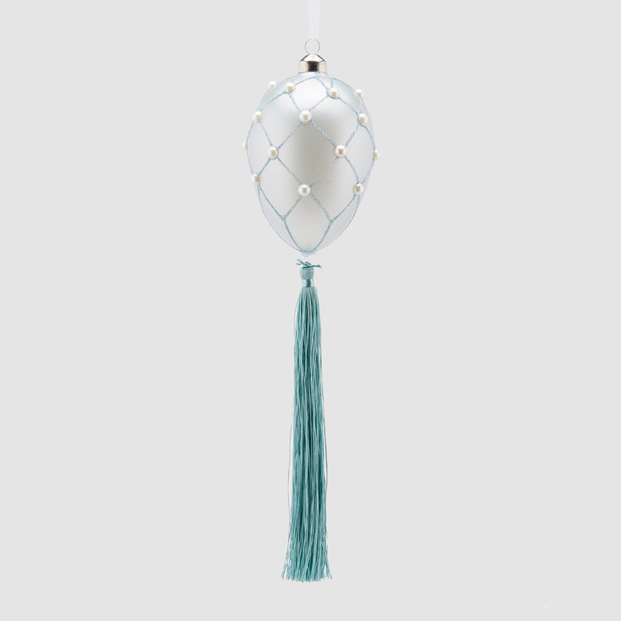 Uovo di Pasqua EDG in vetro azzurro con perle e nappa 11x8 cm