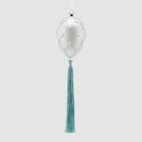 Uovo di Pasqua EDG in vetro azzurro con perle e nappa 11x8 cm