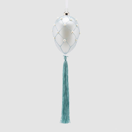 Uovo di Pasqua EDG in vetro azzurro con perle e nappa 11x8 cm