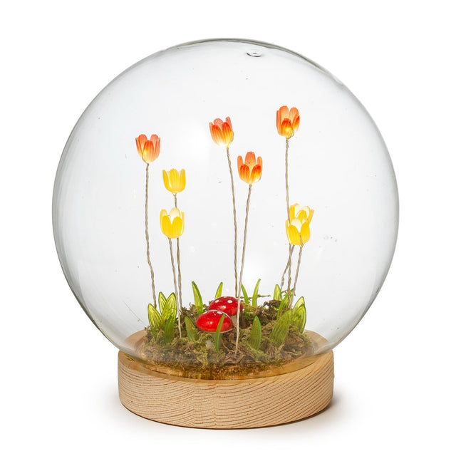Sfera in vetro Palais Royal con fiori e LED su base in legno 15 cm