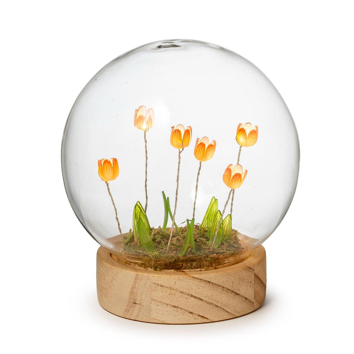 Sfera in vetro con fiori e LED Palais Royal su base in legno 12 cm