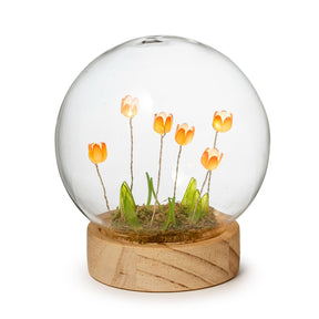 Sfera in vetro con fiori e LED Palais Royal su base in legno 12 cm