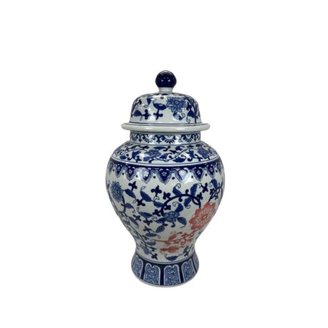 Potiche Ming Palais Royal in ceramica bianca con decoro foglie blu 42 cm