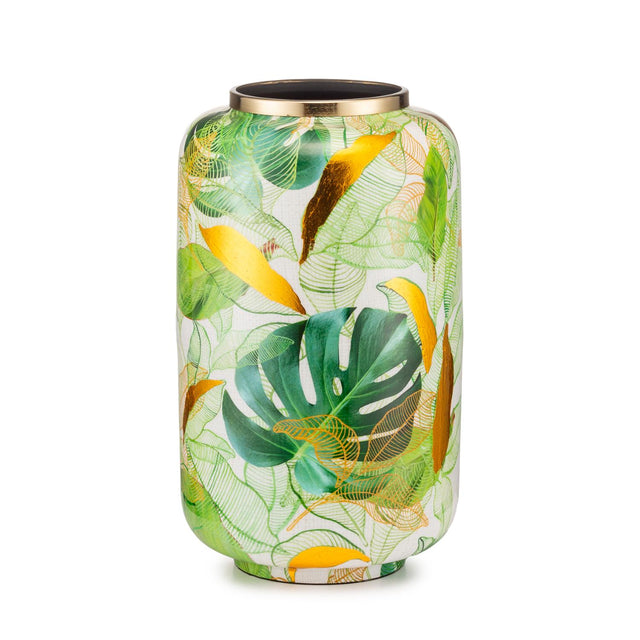 Vaso Jungle Palais Royal in metallo bianco con foglie oro 21x35 cm