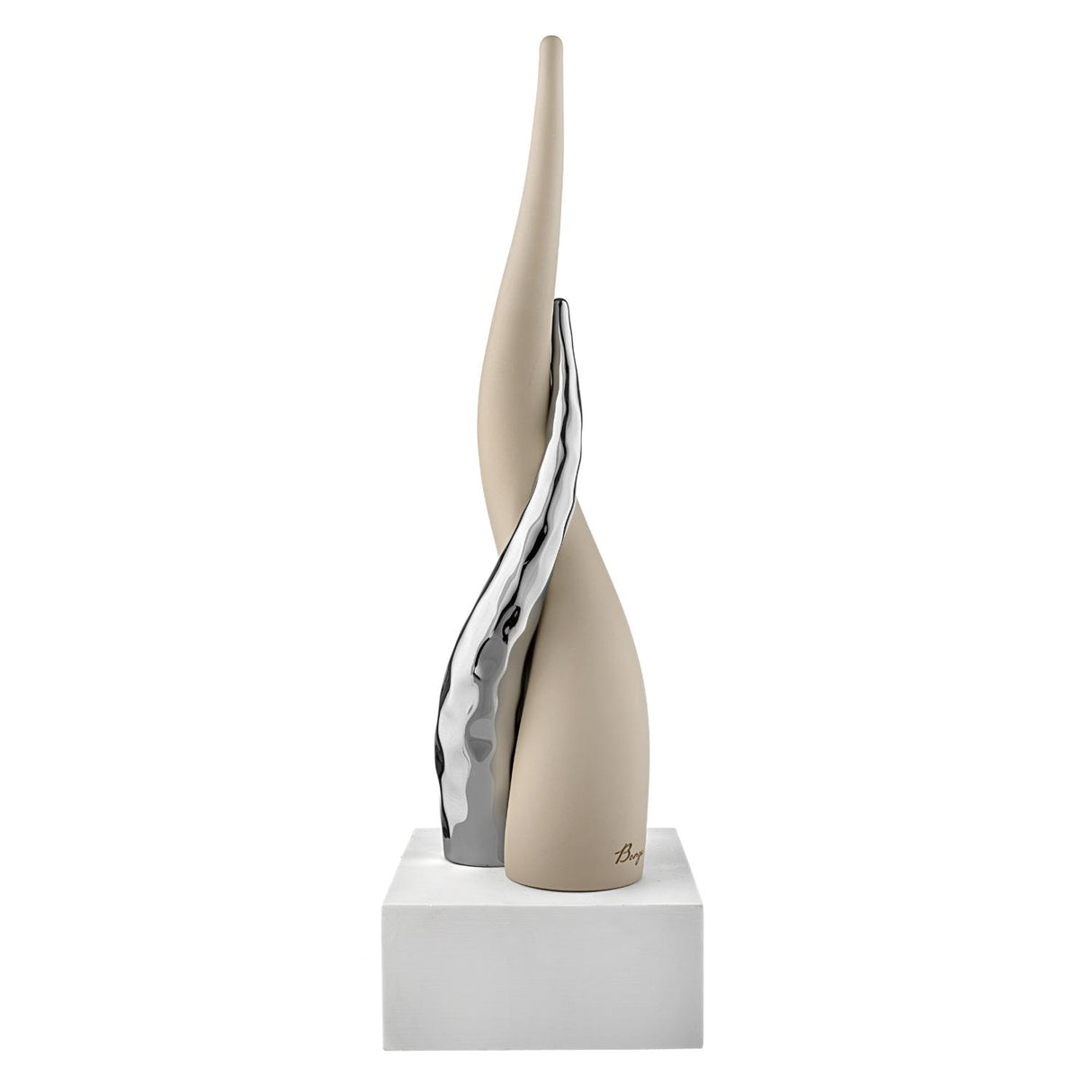 BONGELLI PREZIOSI Cornetto Corni Intrecciati Base Bianca Corno Nocciola Argento 28cm Marmorino