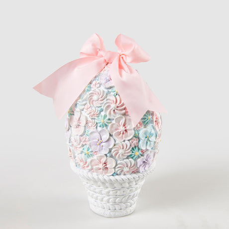 Uovo di Pasqua EDG in poliresina con fiori in rilievo e fiocco rosa 30 cm