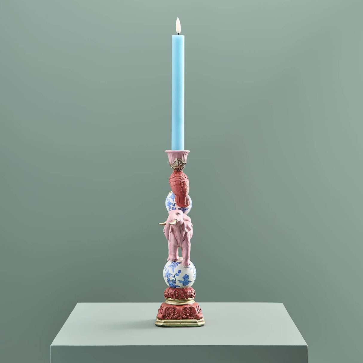 WERNS Candelabro Pappagallo su Elefante Dipinto a Mano 30,5x13cm Poliresina
